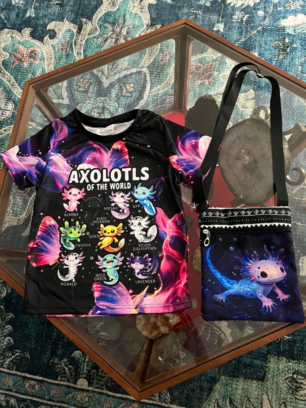 Axolotls of the World Graphic Tee with Matching Crossbody Bag - Black & Neon